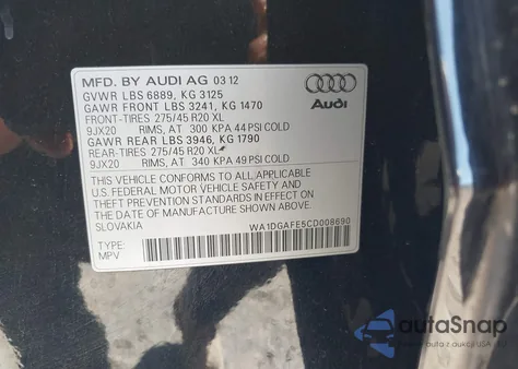 2012 Audi Q7 3.0T S Line Prestige из США, поврежденный, VIN WA1DGAFE5CD008690
